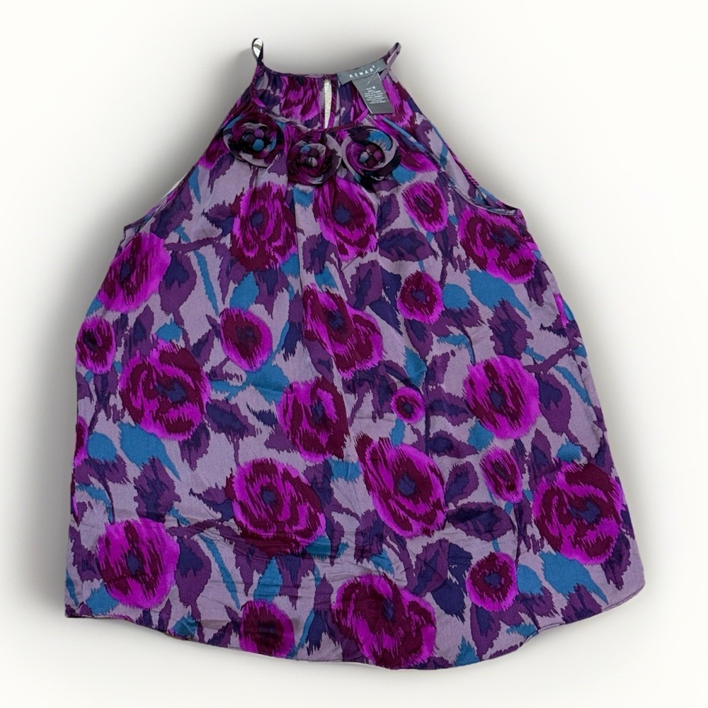 Kenar 100% Silk Sleeveless Purple Floral Halter Top Dark Romantic‎ Whimsigoth M